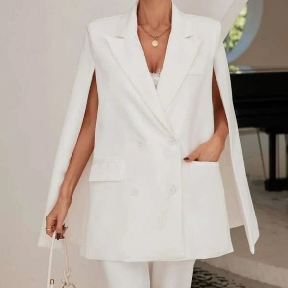 Classy Cape Cloak Sleeved Double Breasted Blazer work white - Picture 2 of 6